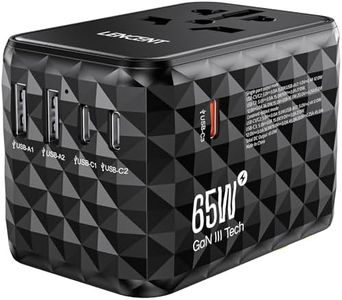 LENCENT Adaptador de Viaje Internacional 65W, Adaptador Universal con 2 USB-A y 3 USB-C, Adaptador Enchufe Carga Rápida para Phone, Teléfono, Ordenadores Portátiles, para EE.UU./UK/EU/AUS, Negro