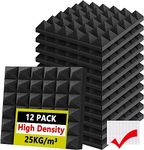 Foneso Acoustic Foam Panels 12'' x 12'' x 2'', Sound Insulation Wall, Black Acoustic Foam Mats for Sound Studio, Podcast Recording, TV Room, Playrooms and Offices