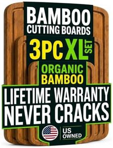 Organic Bamboo Cutting Board Set with Lifetime Replacements - 3pc Non Toxic Wood Chopping Board for Charcuterie, Meat, Vegetables and Fruits - Ideal Kitchen Gifts for Home Chefs