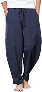 COOFANDY Men's Linen Yoga Pants Elastic Waist Drawstring Summer Leisure Pants Navy Blue M