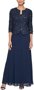 Alex Evenings Women's Long Empire Waist, Two Piece Mother of The Bride Dress with Lace Jacket, (Petite and Regular Sizes), Navy Soutache, 12