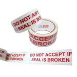 DCGPAC Do Not Accept If Seal is Broken Printed White Packing Cello Tape for Secure Packaging & Shipping Tapes (2in x 65 m) Pack of Pcs (12)