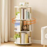 HOOBRO Rotating Bookshelf, 360° Revolving Bookcase, Round Book Shelf, Rotary Bookcase with Baffle, Floor Standing Bookcase, Display Storage Rack for Small Spaces, White and Gold EDW10SJ01