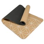 Navaris Non Slip Cork Yoga Mat - Fitness Mat with Shoulder Strap for Sports Pilates Gymnastics - Exercise Mat with Flower of Life Design 183x61x0.5cm