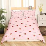 Girls Strawberry Duvet Cover Twin Kawaii Strawberry Comforter Cover For Kids Japanese Style Pink Cute Cartoon Fruit Food Theme Bedding Set Girly White Floral Quilt Cover Soft Lightweight Room Decor