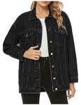 PUWEI Women's Oversized Denim Jacket Distressed Lapel Button Up Long Sleeve Jean Jacket with Pockets, Black, Large