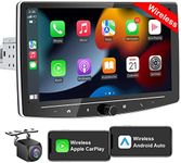 10 Inch Single Din Touchscreen Car Stereo with Wireless Carplay & Wireless Android Auto, Adjustable Android Car Radio with Live Rearview Backup Camera, Bluetooth AM/FM WiFi, GPS Navigation, 2+32G