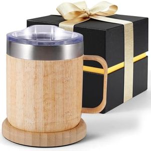Gifts for Women Men,Hottkiiper Heated Coffee Mug with Lid,Temperature Control Mug 55°C,Birthday,Mother's Day,Father's Day,Christmas-Gifts for Mom,Dad,Grandpa,Grandma,Wife,Husband (Bamboo)