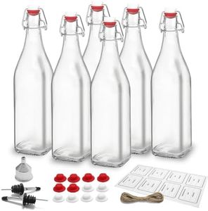 Square Swing Top Glass Bottles(1Liter /33 fl.oz.) - Packof 6: Perfect for Fermentation, Kombucha, Mead,Vinegar, Beer,Kefir, Wine, Water & Soda-Includes Funnel,2 Pourers, 6Seals,8Labels &Jute Twine