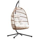 Blisswood Swing Egg Chair, Rattan Hanging Egg Chair With Cushion, Foldable Egg Chair Outdoor Indoor, Garden Patio Hammock Chair With Stand & Adjustable Height, upto 160 Kg Weight Capacity (Beige)