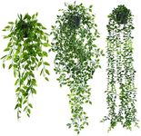 ELTNEGSA Fake Hanging Plants 3 Pack Artificial Hanging Plants Potted Greenery Faux Eucalyptus Vine Mandala Vine Pea Pod for Home Room Wall Office Shelf Indoor Outdoor Decor