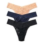 hanky panky - Daily Lace Original Rise Thongs for Women 3 Pack | One Size (4-14) | Lacy thong underwear, lingerie panties, Navy/Honey/Black, One Size