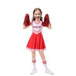 TAIKMD School Girls Cheer Leader Uniform Dress With Pom Poms Cheerleading Costume Halloween Party Cosplay (Red, 7-8)