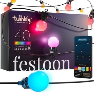 Twinkly Festoon 40 LED RGB, Light Chain with 40 LED Bulbs, Multicolor RGB Outdoor and Indoor Lights, Compatible with Alexa, Google Home, Gaming Lights, IP44, Controlled by App, Black Cable, 20m