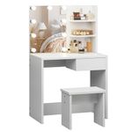 SogesPower Vanity Table Set with Mirror and 9 LED Lights,1 Storage Drawer Makeup Desk Cushioned Stool Set,Modern Dressing Vanity Table With 2 Shelves for Bedroom,3 Adjustable Lighting Brightness,White