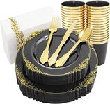 Black Gold Plastic Plates Dishes Cups Cutlery Tissues for 25 on Special Occasions, 175 Pieces of Re-usable Dinnerware for Dinners, Birthdays, Parties, Weddings, Easter, Summer Celebrations