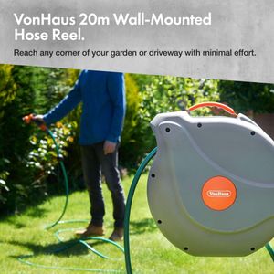 VonHaus 20m Retractable Wall Mounted Hose Reel – Auto Rewind, 8-Function Spray Gun