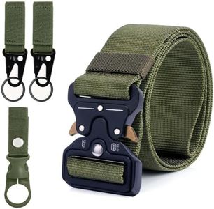 Reelau Men's Tactical Belt with Quick Release Metal Buckle, 49 * 1.5 inch Heavy Duty Nylon Belt Quick Release Military Style Sports Webbing Belt with 2*Metal Keys Clip, 1*Bottle Clip (Army Green)