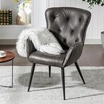 BFZ Armchair with High Back Design, Faux Leather Accent Chair with Metal Legs in Modern Style, Comfy Upholstered Wingback Chair for Living Room, Bedroom, and Office(BlackGrey)…