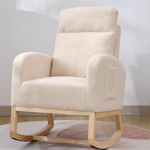 Krinana Nursery Rocking Chair with Solid Wood Legs, Glider Chair for Nursery with Two Side Pockets, Rocker Armchair for Living Room Bedroom (Beige, Teddy)