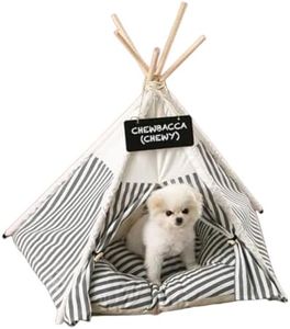 Pet Teepee with Soft Cushion for Dogs, Cats, Rabbits and Puppies, Portable Pet Tent, Grey and White Dog Tent. Pet House with Bed, Washable Dog Teepee, Portable Dog House (Grey and White Striped)