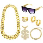 Subiceto 6 PCS 80s 90s Hip Hop Costumes Outfit Fake Gold Chain Money Chain Twist Leg Punk Sunglasses Dollar Sign Finger Ring Gold Hoop Earrings Gold