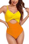 Vozobi Women's One Piece Swimsuits Tummy Control Cutout High Waisted Bathing Suit Wrap Tie Back 1 Piece Swimsuit Yellow Orange