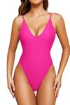 SHEKINI Women's Sexy Plunging V Neck Bathing Suit High Cut Open Back One Piece Swimsuits Adjustable Beach Swimwear, Pink, M