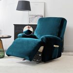 HOKIPO 200 GSM Premium Velvet 4-Pieces Stretchable Recliner Chair Cover 1 Seater Fully Covered Washable Furniture Protector, Peacock Blue (AR-4907-PBLU)