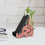 GKD Elephant Shaped Wooden Pen Holder with Test Tube Planter & Mobile Stand, Mandala Art Design | Multifunctional Desk Organizer | Ideal for Office, Home, and Gifting