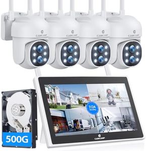 CAMCAMP Wireless Security Camera System Outdoor with 10.1" LCD Monitor, 4Pc 2K Dual Lens PTZ Security Cameras, 10X Zoom, Color Night Vision,Auto Tracking,2-Way Audio,10CH Expandable NVR, 500GB HDD