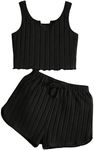 OYOANGLE Girl's 2 Piece Outfits Sleeveless Rib Knit Notched Neck Crop Tank Top and Shorts Set Tracksuit Black 11-12Y