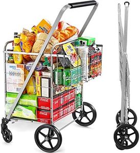 Wellmax Shopping Cart, Metal Grocery Carts For Groceries, Folding Cart For Convenient Storage And Holds Up To 160lbs, Dual Swivel Wheels and Extra Basket, Silver