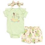 Disney Princess Ariel Belle Tiana Baby Girls Bodysuit Bubble Shorts and Headband 3 Piece Outfit Set Newborn to Infant, Tiana / Green, 6-9 Months