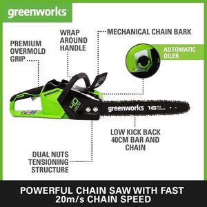Greenworks 40V Cordless Chainsaw – 40cm Bar, Battery Powered