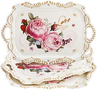 DEAYOU 3-Pack Melamine Serving Tray, Stackable Food Tray with Handles for Eating, Unbreakable Large Serving Platter with Floral Print for Gift, Party, Decor, Home, Restaurant, 16"L x 11"W, Rectangle