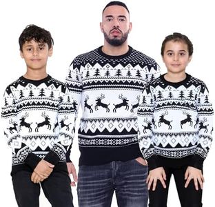 NOROZE Hombres Mujeres Niños Niñas Familia Jersey navideño Feo Suéteres de Navidad Manga Larga Fairisle Reno Copo de Nieve Árbol de Navidad De Punto Pull-Over (M, Reno Saltando Negro)
