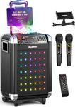 MASINGO Karaoke Machine for Adults and Kids with 2 Bluetooth Wireless Microphones. Portable Singing PA Speaker System with Disco Ball Party Lights, Lyrics Display Tablet Holder & TV Cable. Soprano X1
