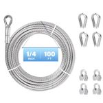 1/4 Stainless Steel Cable, 100ft 304 Stainless Steel Aircraft Cable with Tensile Strength of 6400lbs, 7x19 Strands Wire Rope with Stainless Cable Clamps&Thimble, Perfect for Yard Zipline, Boat Lifts