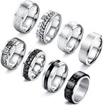 LOLIAS 8 Pcs Stainless Steel Rings for Men High Polished Chain Bottle Opener Mens Band Wedding Engagement Fidget Anxiety Vintage Spinning Men Rings Size N1/2-Z1/2