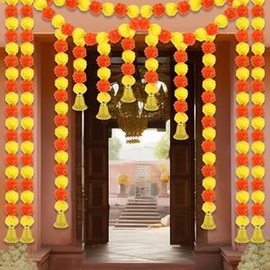 Wavwavw 10 Pcs Marigold Garland for Decoration Pooja Decoration Items Indian Artificial Diwali Marigold Door Toran 5 Feet Long Marigold Flowers Garland Decor with Golden Bells for Door