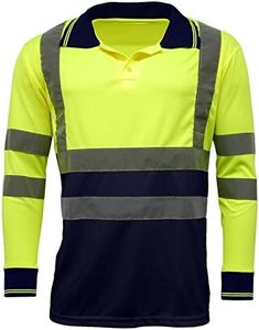 Hi Viz VIS High Visibility Polo Shirt Reflective Tape Safety Security Work Button T-Shirt S-5XL (Yellow/Navy Long Sleeves, Large)