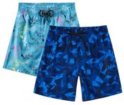 TEX2FIT Boy's Quick Dry Swim Trunks for 7-14yrs, Breathable Swim Shorts with Mesh Lining and Pockets, 2-Pack(Gamer AOP/Navy GEO, Medium)