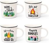 Nefelibata Camping Coffee Mug Set of 4 Happy Campers Campfire Tea Cups for Coffee, Tea, Milk Travel Ceramic Mug Camping Lover Holiday Gifts