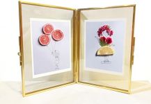 WONTHAI Gold Picture Frame - 5×7 Double Folding Glass Frame for Pressed Flowers - Vintage Brass Metal and Floating Frame - Hinged Photo Vertical (5 * 7)