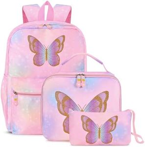 Cokouchyi 3 Pcs Kids Backpack Set with Lunch Box & Pencil Case, Lightweight Preschool Backpack for Girls Age 4-8, Kids Book bag Elementary, Butterfly