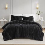 Madison Park Queen Comforter Set Reversible Faux-Fur Plush Comforters for Queen Size Bed, All Season Luxurious Ribbed Velvet Comforters Queen Size Bedding Set, Jasmine, Full/Queen, Black 3 Piece