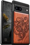 Carveit Wood Case for Pixel 7 Case [Natural Wood & Black Soft TPU] Shockproof Protective Cover Unique & Classy Wooden Case Compatible with Google Pixel 7 Case (Octopus Drawing-Rosewood)