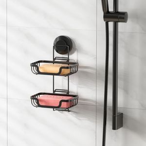 TAILI Double Layer Soap Holder, Drill-Free Bar Soap Dish Tray Suction Cup, Draining for Shower Wall, Bath Storage, Rustproof Stainless Steel Sponge Holder for Tub, Kitchen, Black