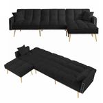 Ucloveria Sectional Sofa Couch, Convertible L-Shaped Sofa Bed with Adjustable Backrest & Movable Ottoman & 2 Toss Pillows, 3 in 1 Multi-Function Sleeper Sofa for Living Room Bedroom, Black